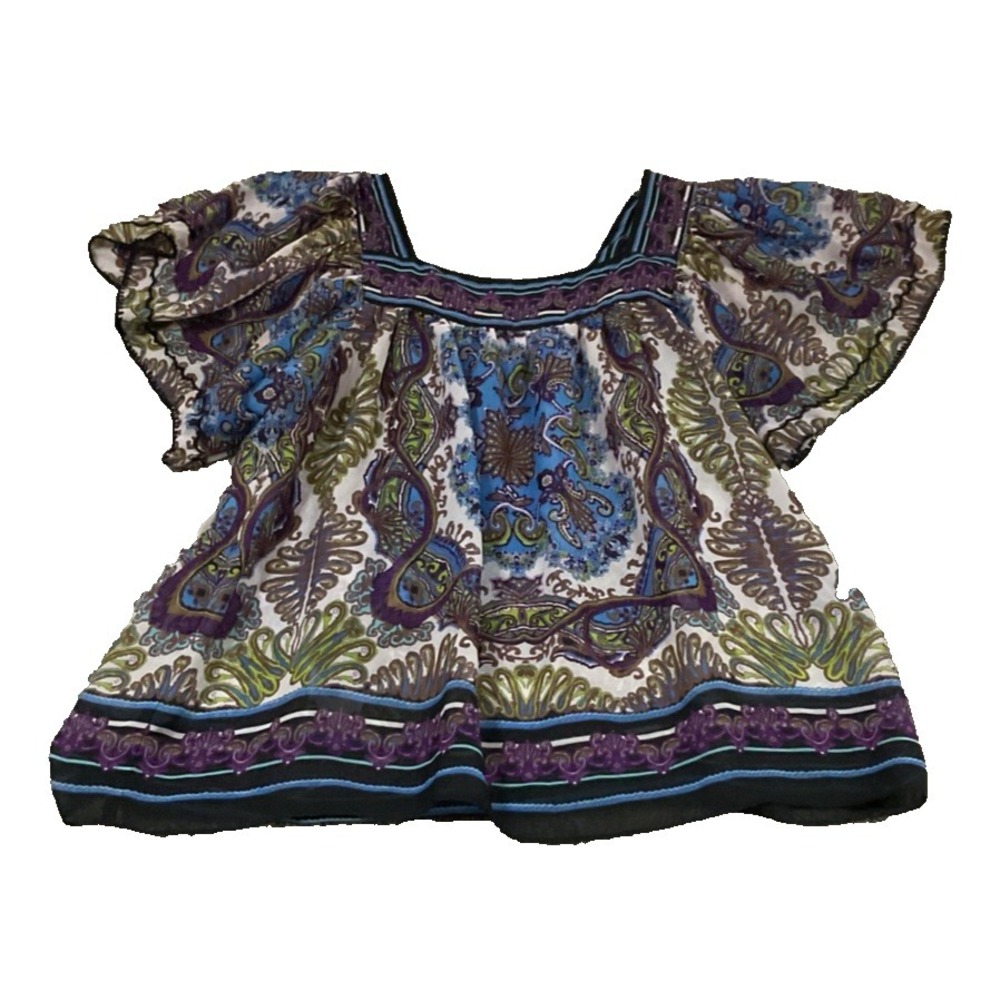 Nicole Miller Purple Paisley Short Sleeve Square Sheer Tunic Peasant Blouse SZ L